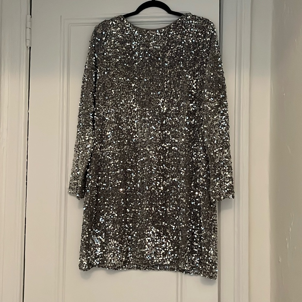 H&M Long Sleeve Sequin Plunge Back Short Cocktail Dress